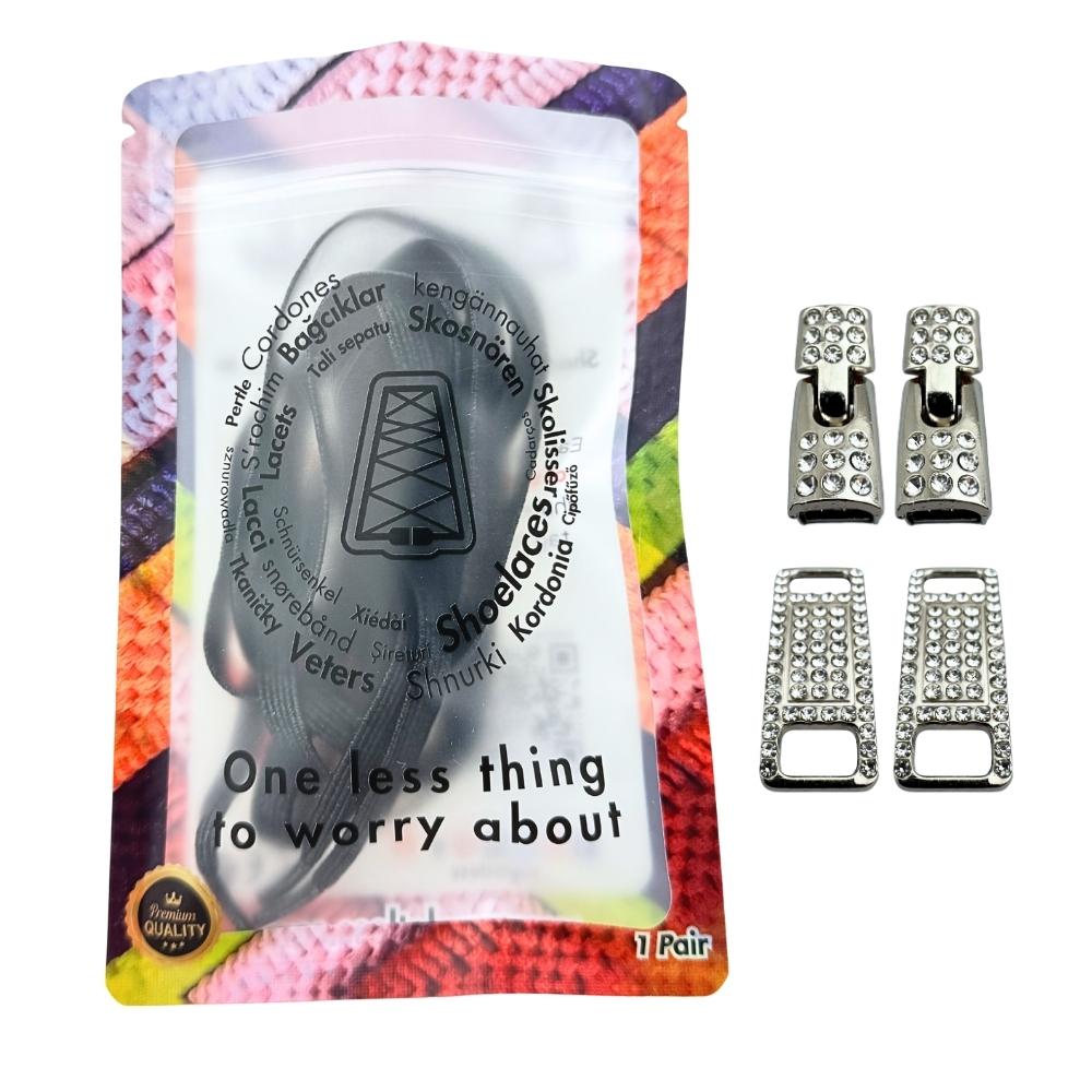 Elastische veters zonder strikken bling bling 6mm haak zilveren sluiting zwart in luxe verpakking