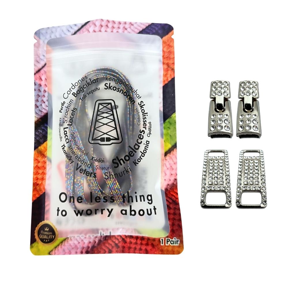 Elastische veters zonder strikken bling bling 6mm haak zilveren sluiting zevenkleurig in luxe verpakking