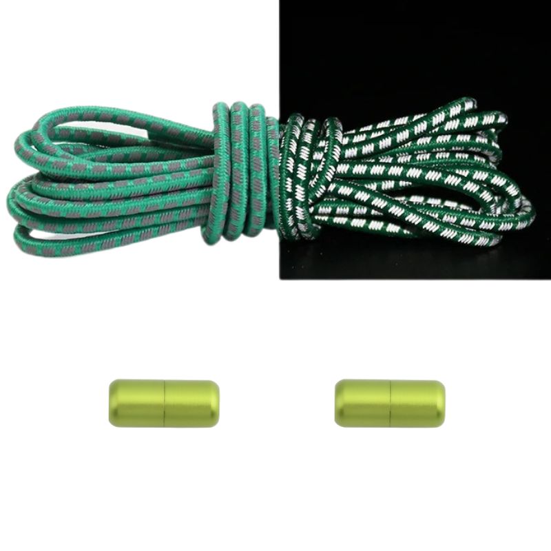 Reflecterende ronde 3 mm elastische veters donkergroen met draaicapsule sluiting voor maximale zichtbaarheid in het donker