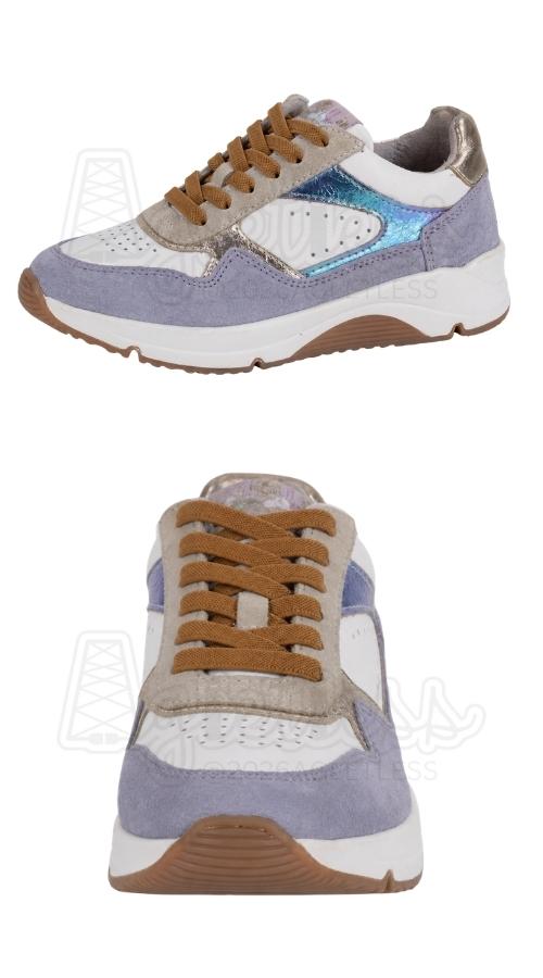 Paarse casual sneakers met cognac-kleurige elastische veters, plat 9mm met clipjes
