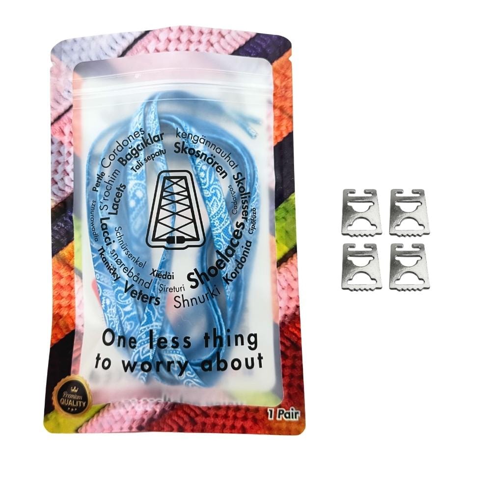 Elastische veters onzichtbaar strikken paisley 9mm onzichtbare clipjes hemelsblauw wit in luxe verpakking