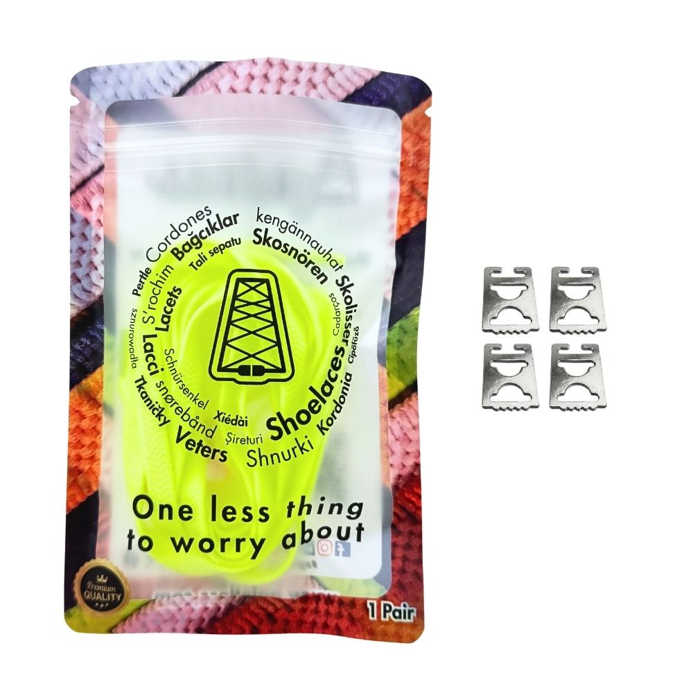 Elastische veters onzichtbaar strikken plat 8mm onzichtbare clipjes fluorescerend groen in luxe verpakking