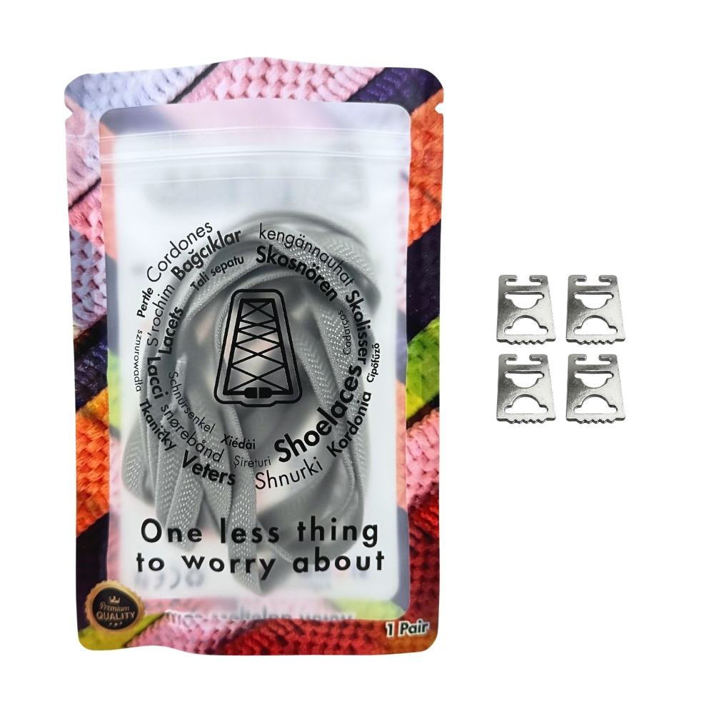Elastische veters onzichtbaar strikken plat 8mm onzichtbare clipjes grijs in luxe verpakking