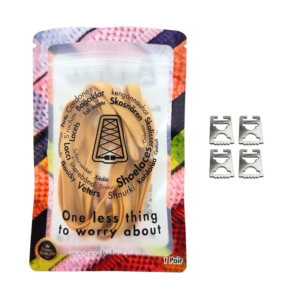 Elastische veters onzichtbaar strikken plat 8mm onzichtbare clipjes lichtbruin in luxe verpakking