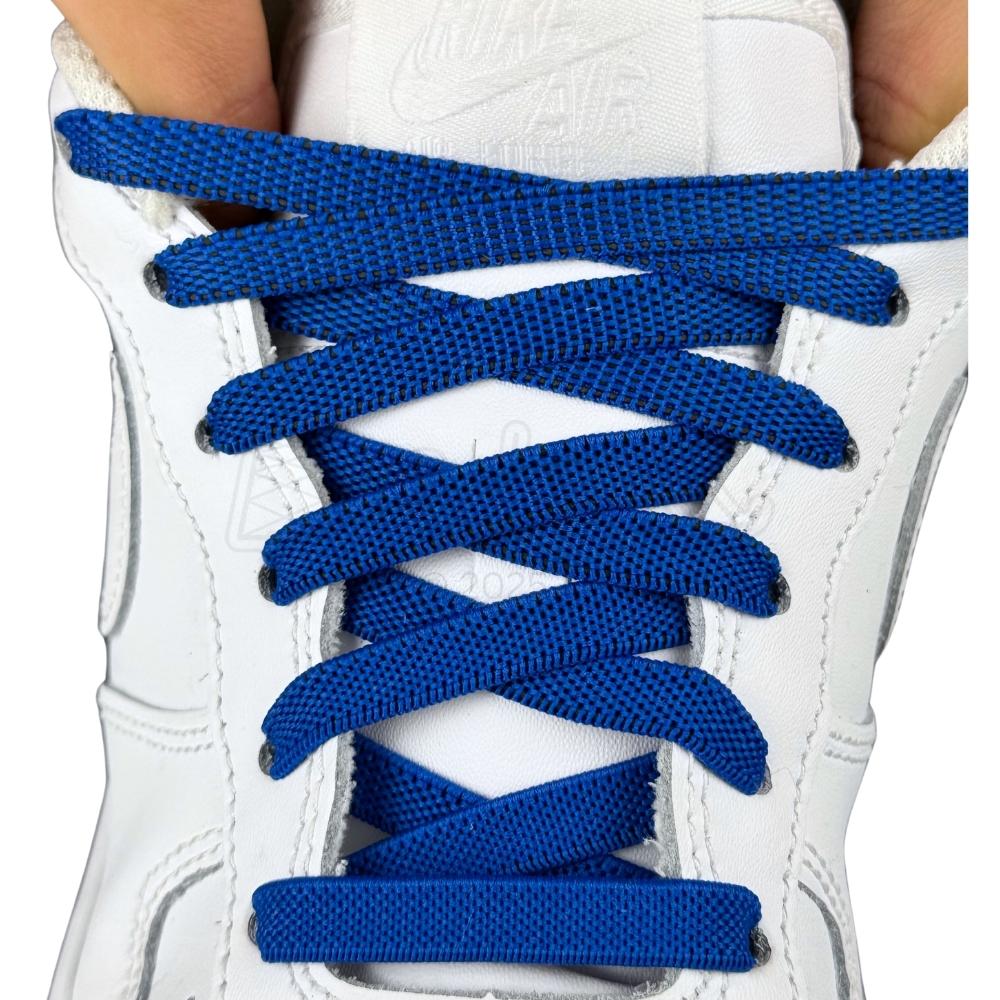 Elastische veters onzichtbaar strikken plat 9mm onzichtbare clipjes blauw met stretch uitgerekt