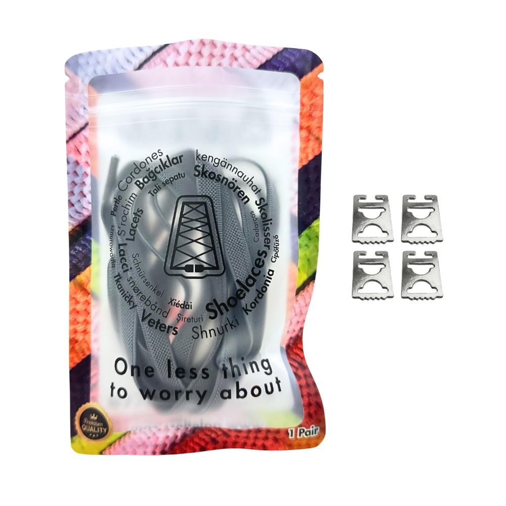 Elastische veters onzichtbaar strikken plat 9mm onzichtbare clipjes donkergrijs in luxe verpakking