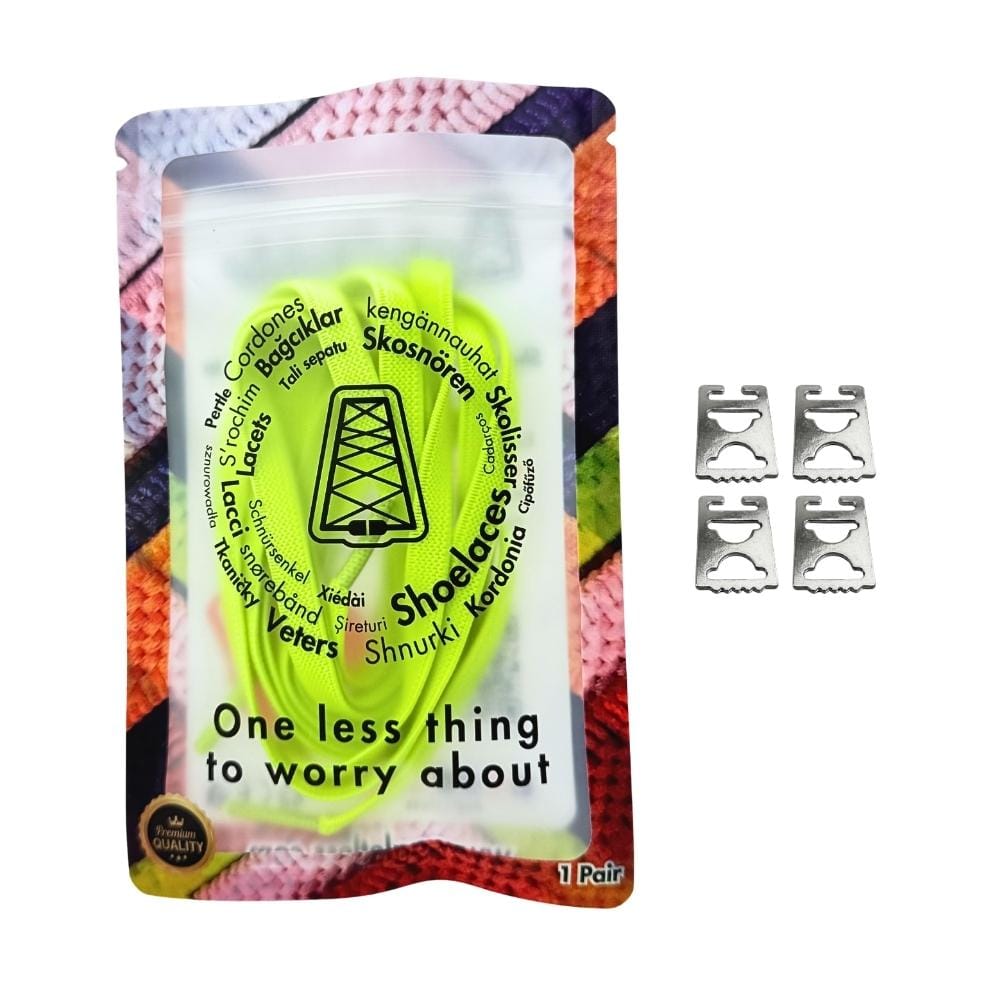 Elastische veters onzichtbaar strikken plat 9mm onzichtbare clipjes fluorescerend groen in luxe verpakking