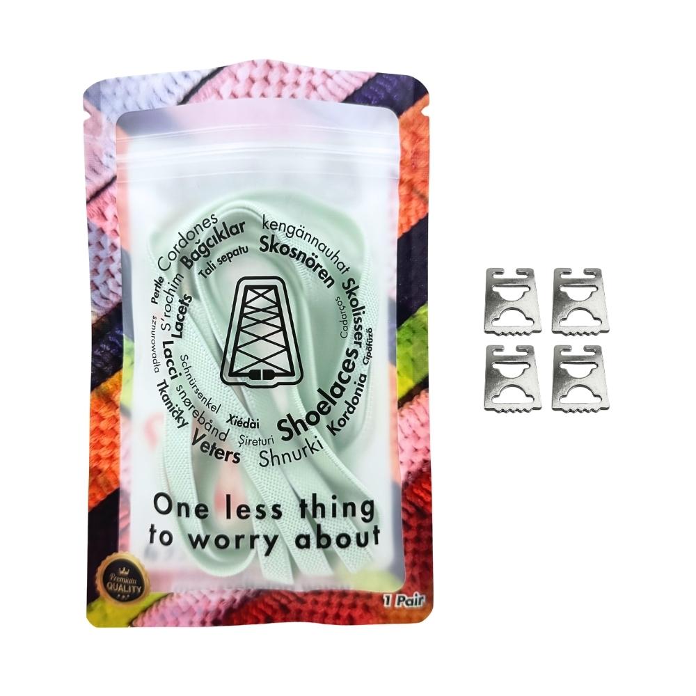 Elastische veters onzichtbaar strikken plat 9mm onzichtbare clipjes lichtgroen in luxe verpakking