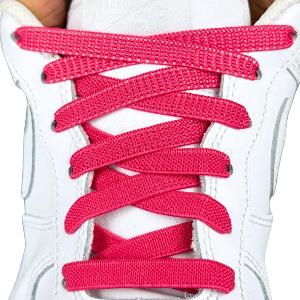 Elastische veters onzichtbaar strikken plat 9mm onzichtbare clipjes rozenrood met stretch uitgerekt