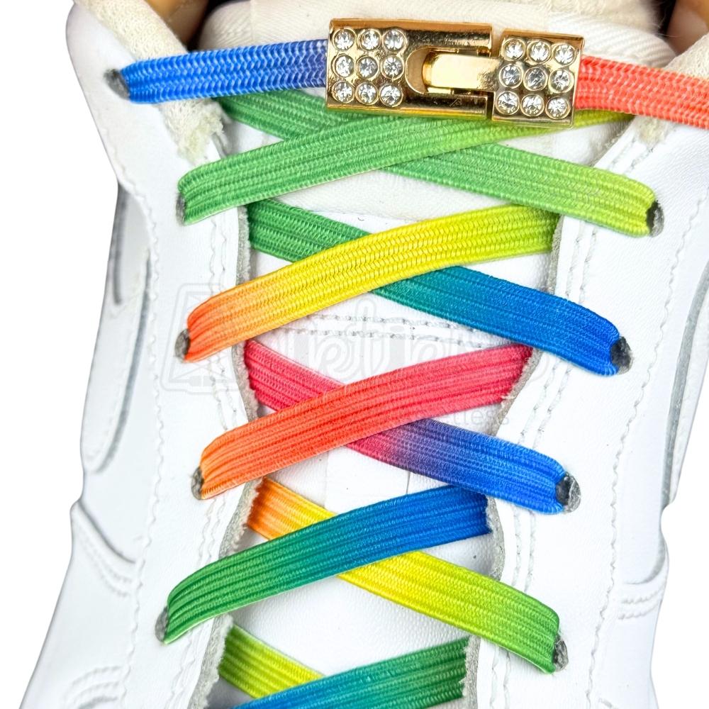 Elastische veters zonder strikken bling bling 6mm haak sluiting groen regenboog met stretch uitgerekt
