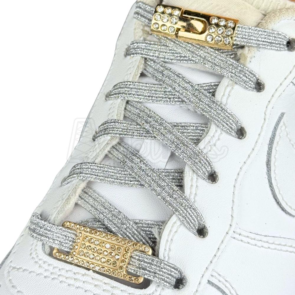 Elastische veters zonder strikken bling bling 6mm haak sluiting zilver geregen in witte Nike Air Force 1