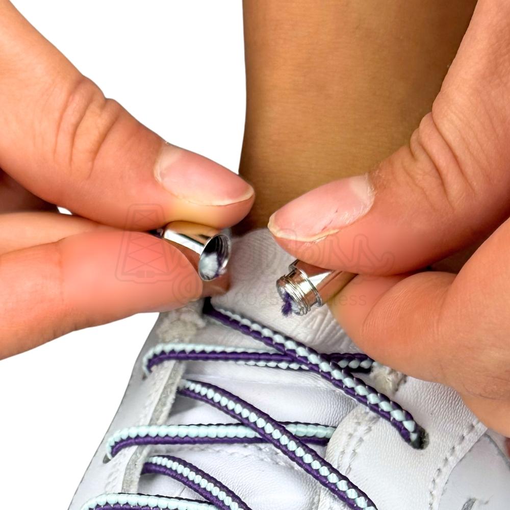 Elastische veters zonder strikken driehoek 3mm capsule sluiting blauw groen paars detailfoto van hoe de sluiting werkt