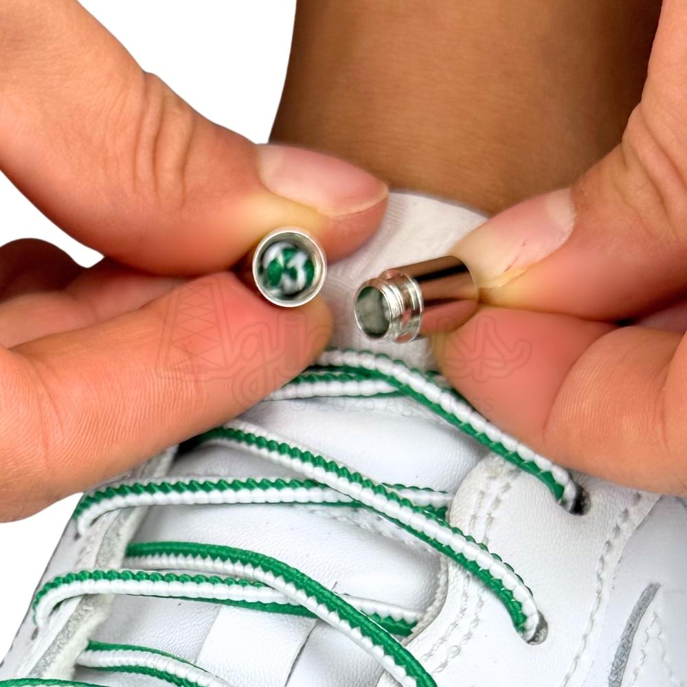 Elastische veters zonder strikken driehoek 3mm capsule sluiting wit groen detailfoto van hoe de sluiting werkt