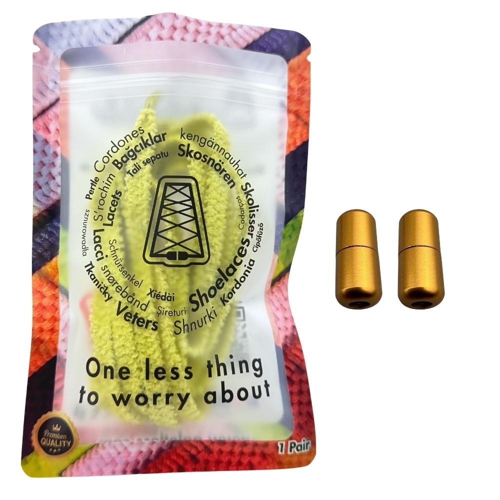 Elastische veters zonder strikken fluffy 7mm capsule sluiting geel in luxe verpakking