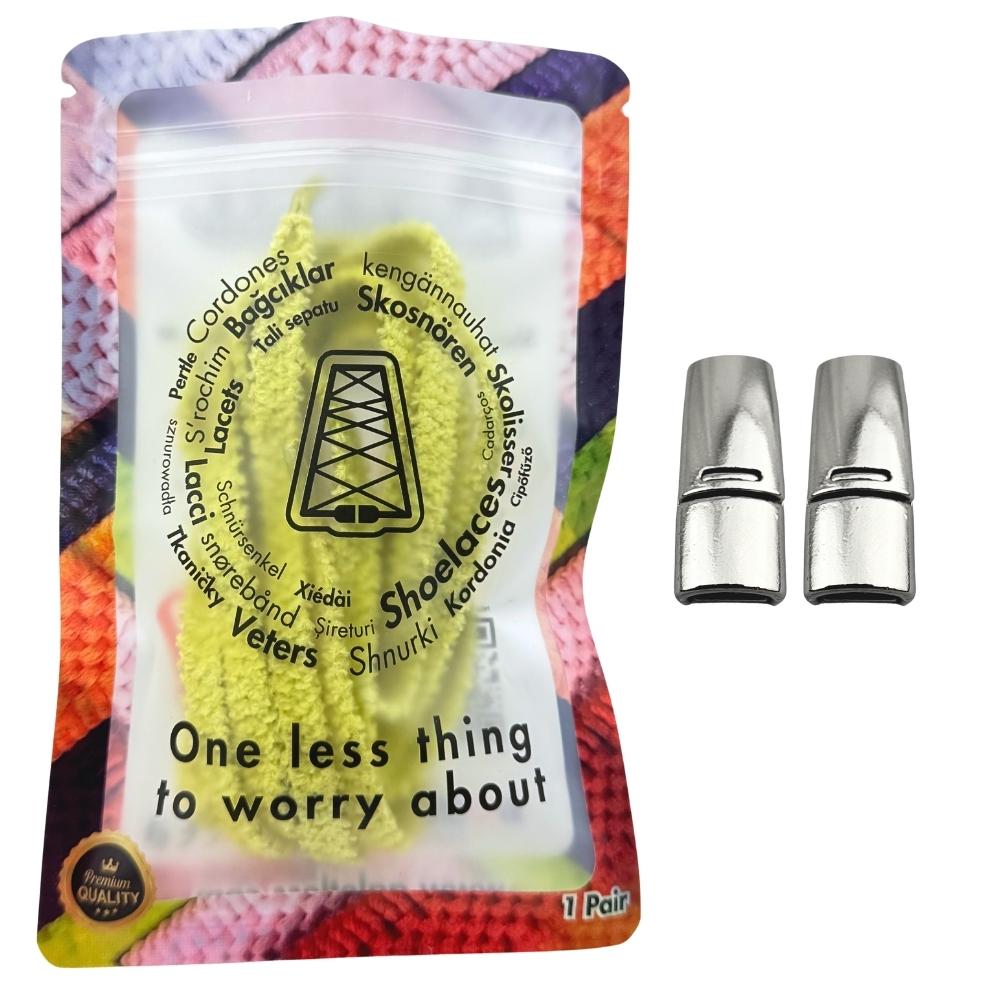 Elastische veters zonder strikken fluffy 7mm magnetische sluiting geel in luxe verpakking