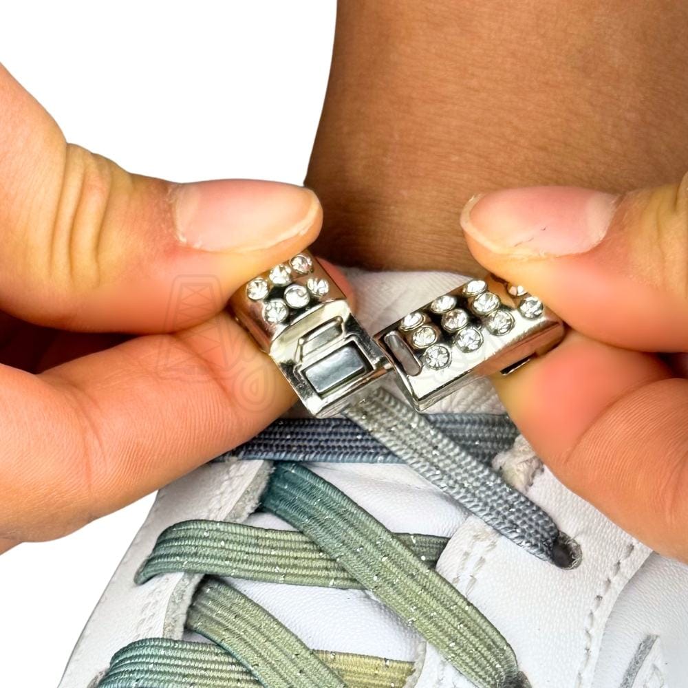 Elastische veters zonder strikken glitter 6mm bling magnetische sluiting stars detailfoto van hoe de sluiting werkt