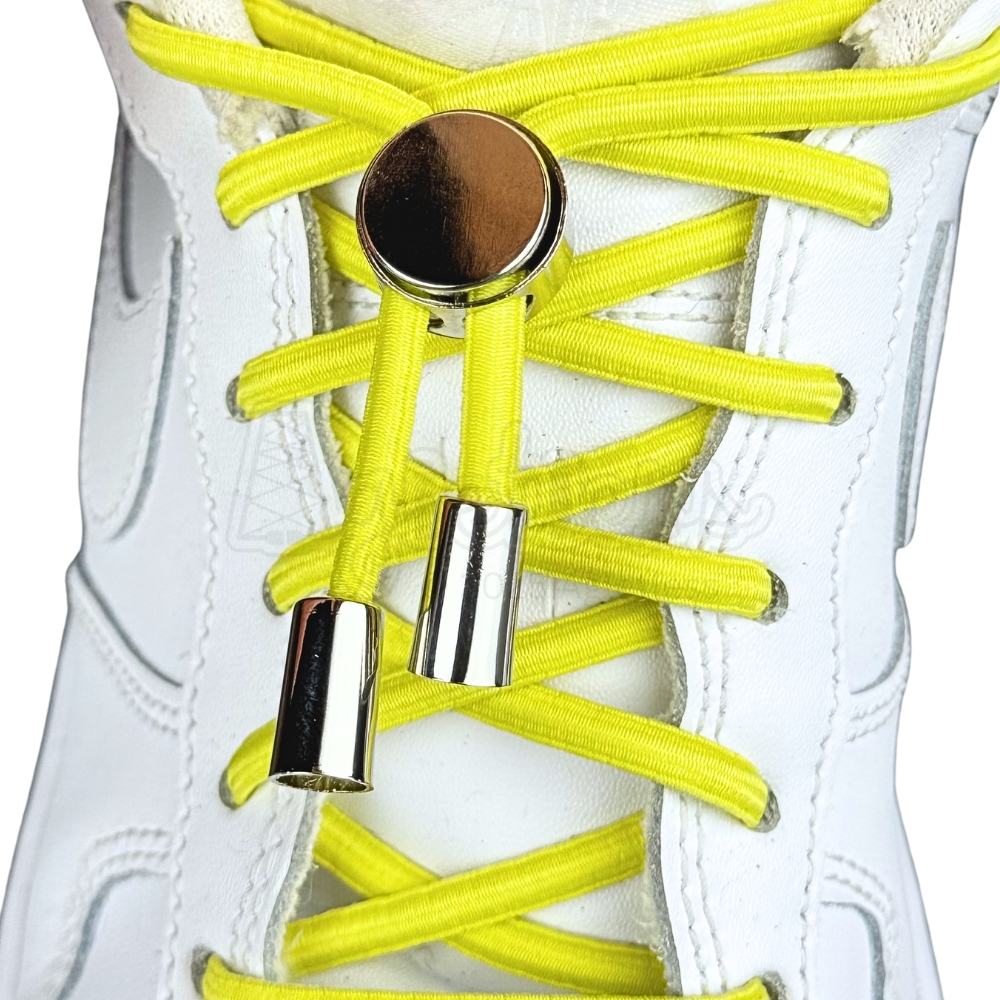 Elastische veters zonder strikken ovaal 4mm luxe lock citroengeel met stretch uitgerekt