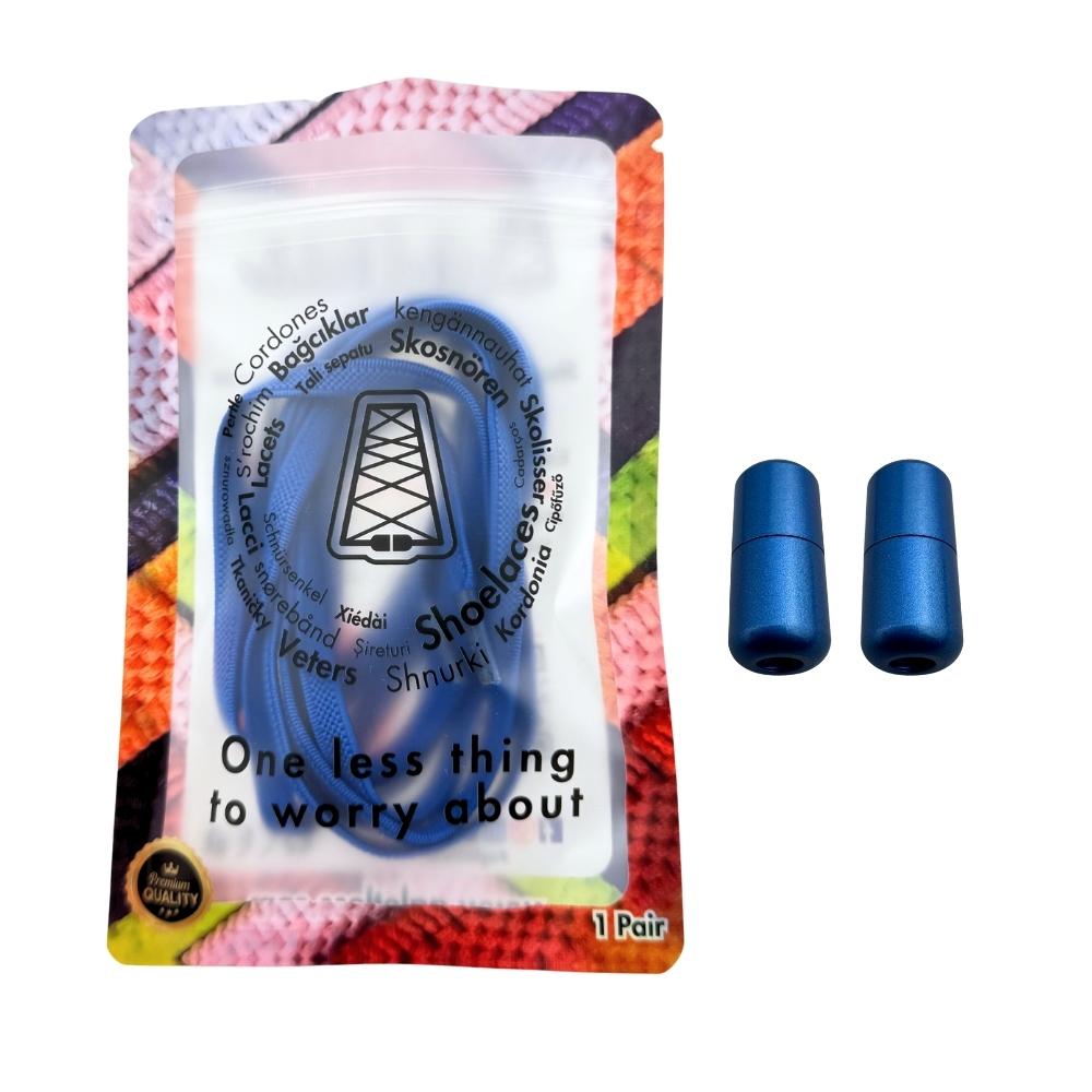 Elastische veters zonder strikken plat 6mm metalen draai capsule blauw in luxe verpakking