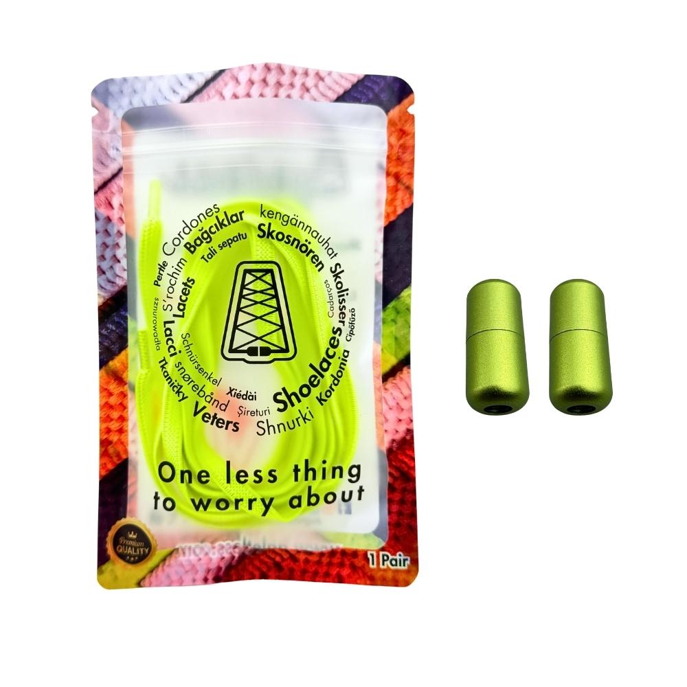 Elastische veters zonder strikken plat 6mm metalen draai capsule fluorescerend groen in luxe verpakking