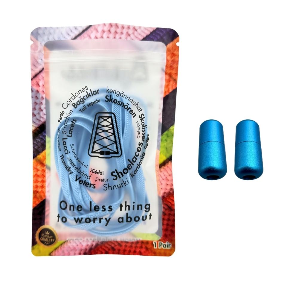 Elastische veters zonder strikken plat 6mm metalen draai capsule hemelsblauw in luxe verpakking