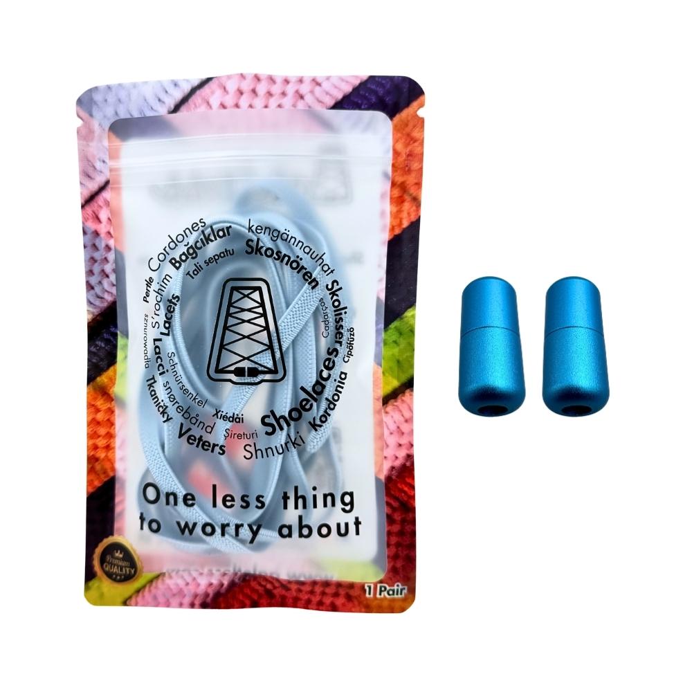 Elastische veters zonder strikken plat 6mm metalen draai capsule lichtblauw in luxe verpakking