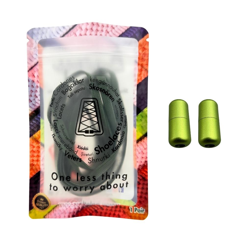 Elastische veters zonder strikken plat 6mm metalen draai capsule mosgroen in luxe verpakking