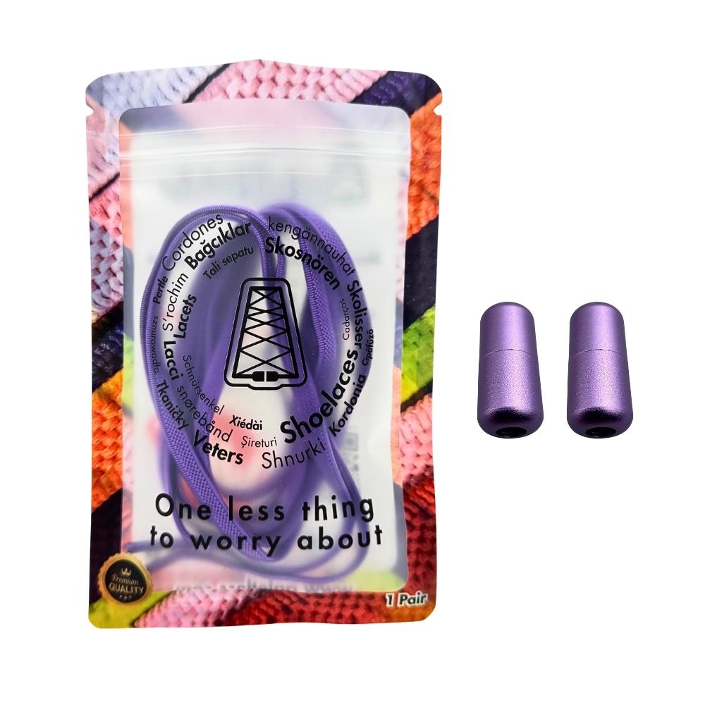 Elastische veters zonder strikken plat 6mm metalen draai capsule paars in luxe verpakking