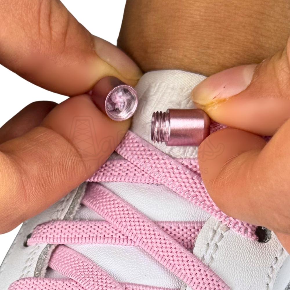 Elastische veters zonder strikken plat 6mm metalen draai capsule roze detailfoto van hoe de sluiting werkt