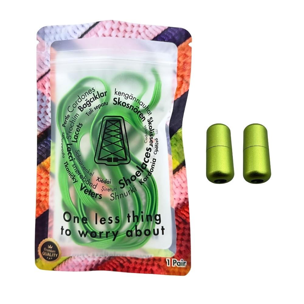 Elastische veters zonder strikken plat 7mm capsule sluiting appelgroen in luxe verpakking