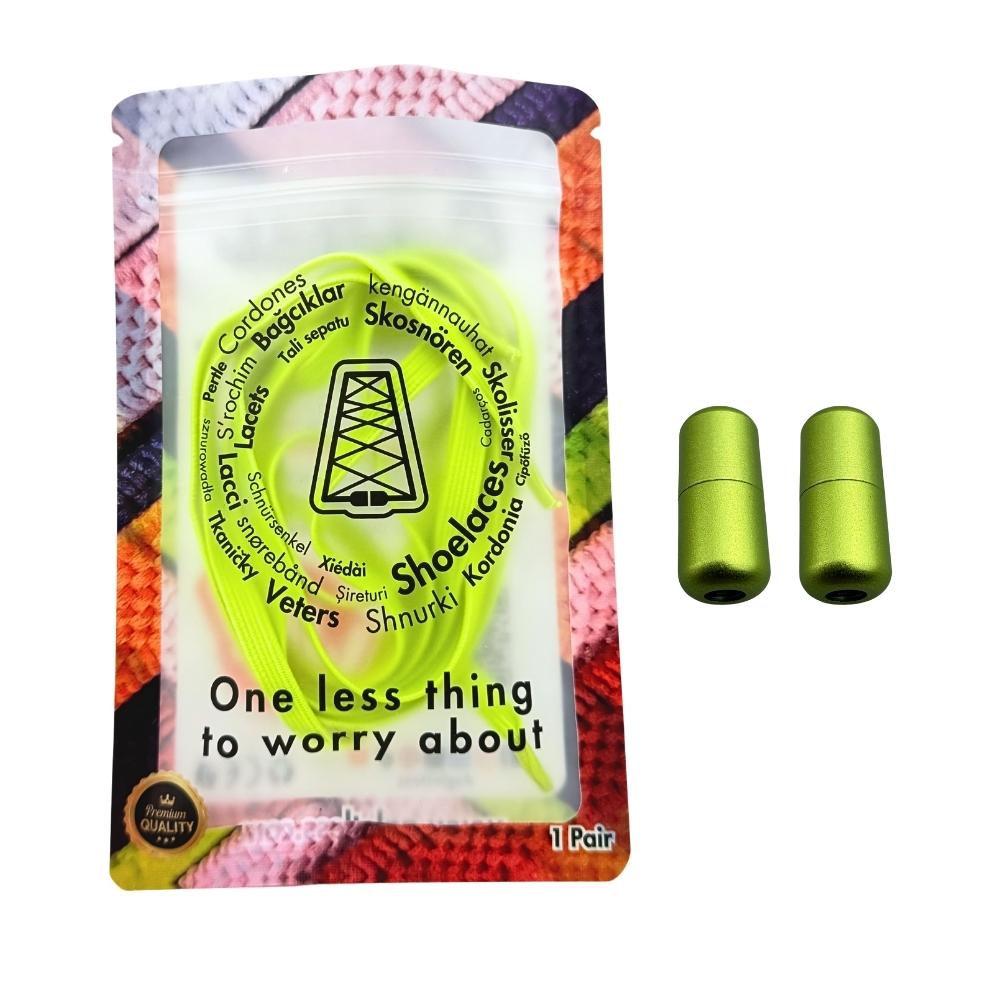 Elastische veters zonder strikken plat 7mm capsule sluiting fluorescerend groen in luxe verpakking