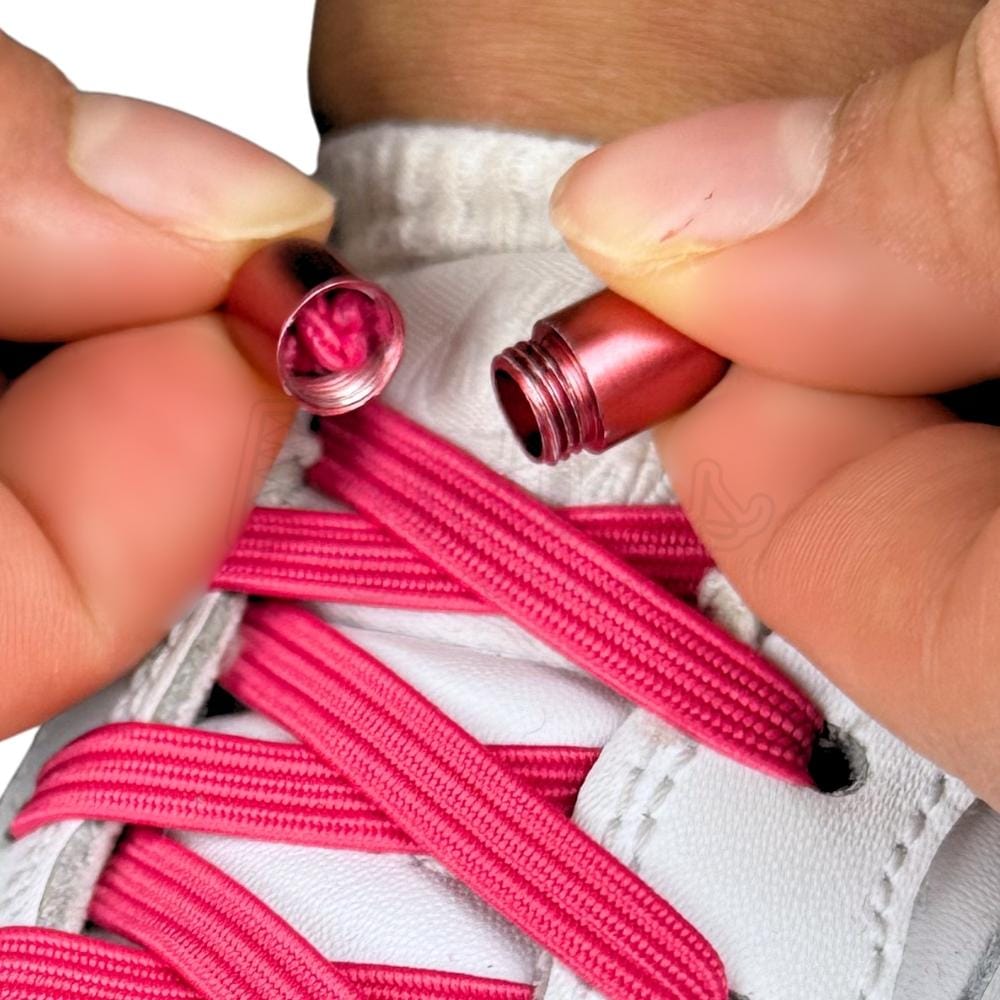 Elastische veters zonder strikken plat 7mm capsule sluiting rozenrood detailfoto van hoe de sluiting werkt