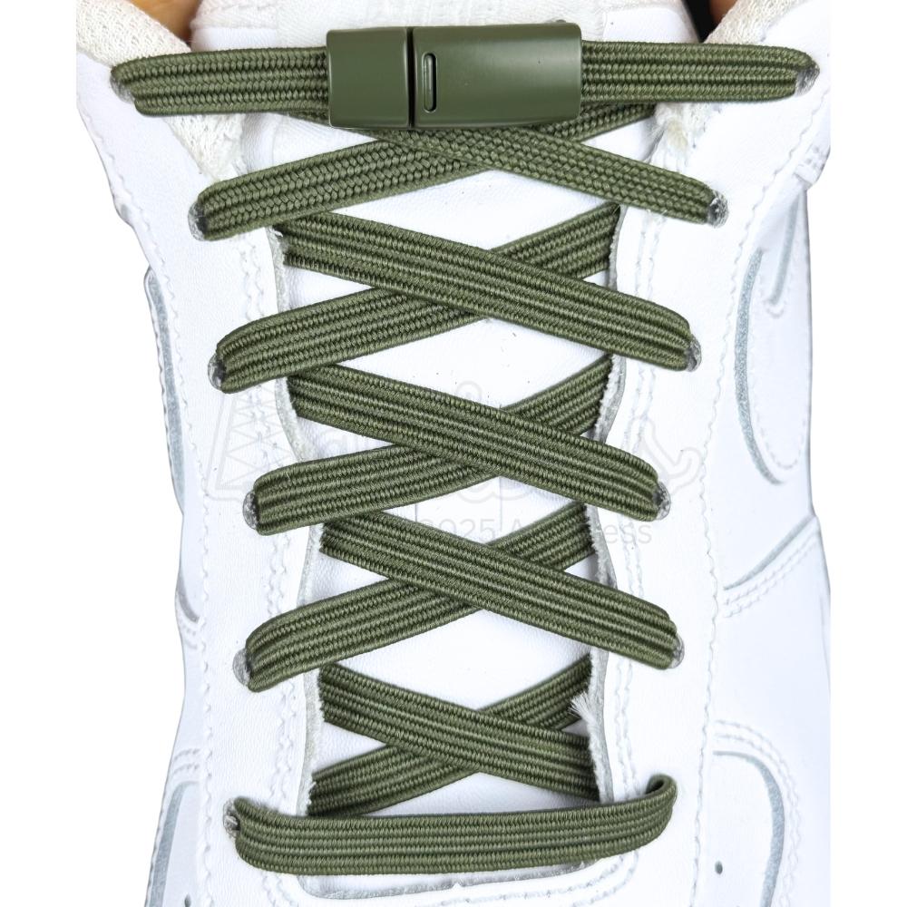 Elastische veters zonder strikken plat 7mm magnetische sluiting mosgroen met stretch uitgerekt