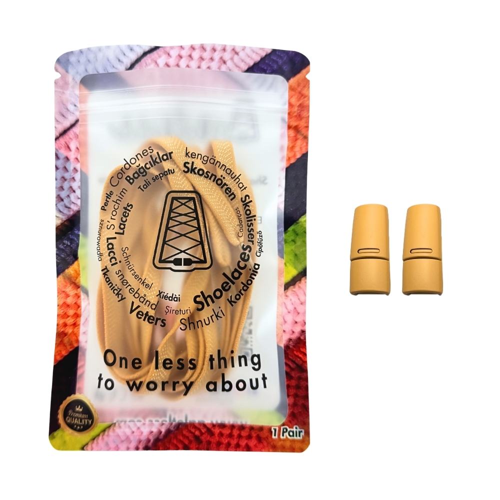 Elastische veters zonder strikken plat 8mm magnetische sluiting lichtbruin in luxe verpakking