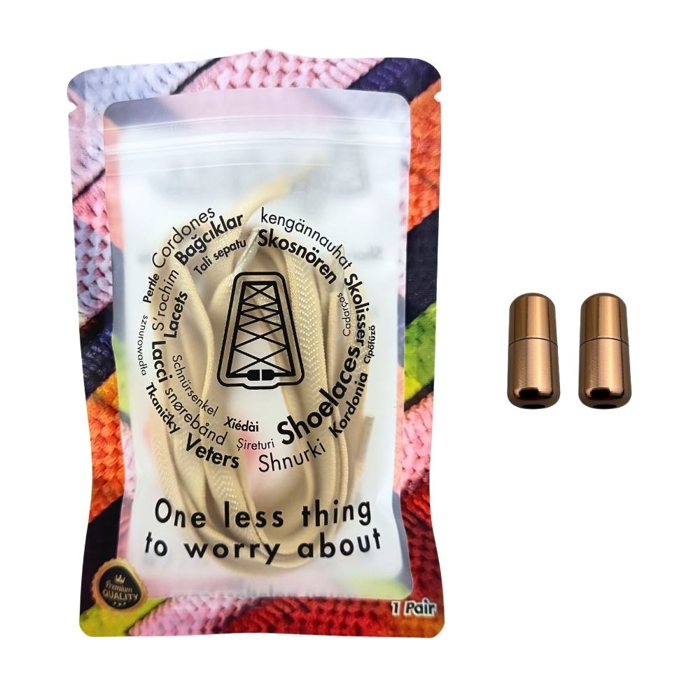 Elastische veters zonder strikken plat 8mm metalen draai capsule beige in luxe verpakking