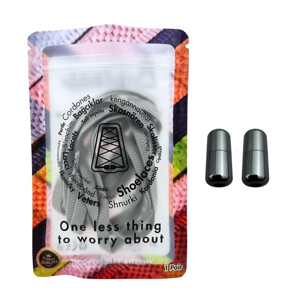 Elastische veters zonder strikken plat 8mm metalen draai capsule grijs in luxe verpakking