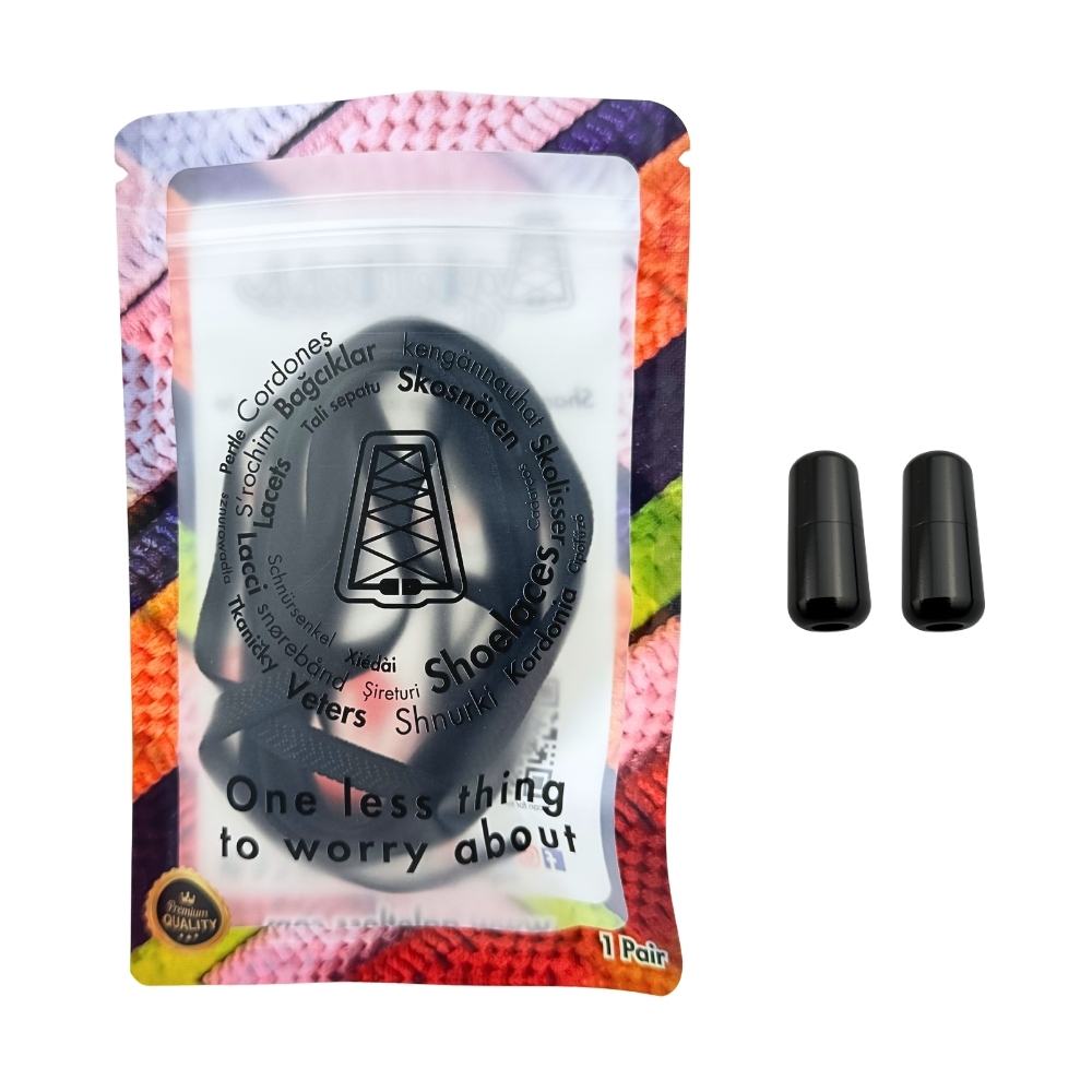 Elastische veters zonder strikken plat 8mm metalen draai capsule zwart in luxe verpakking
