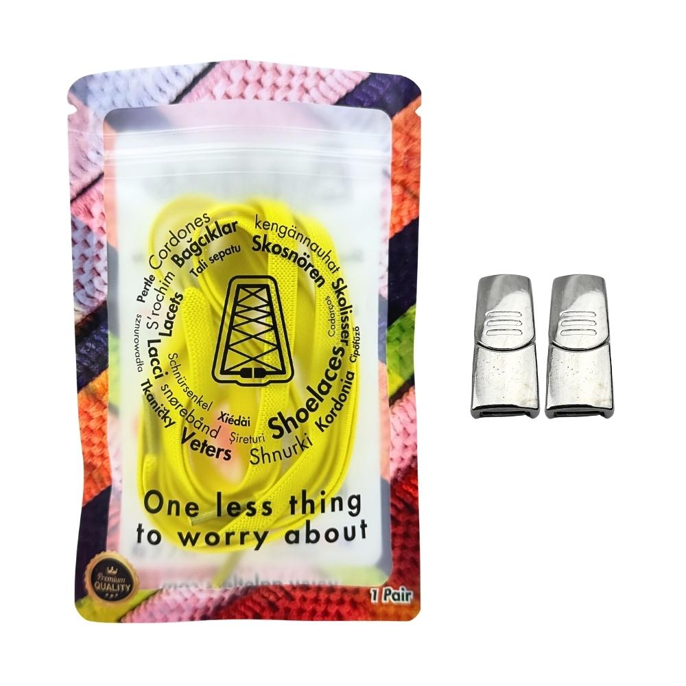 Elastische veters zonder strikken plat 9mm magnetische sluiting geel in luxe verpakking