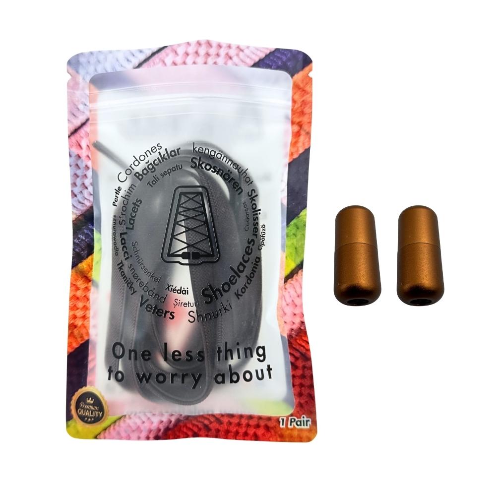 Elastische veters zonder strikken plat 9mm metalen draai capsule donkerbruin in luxe verpakking