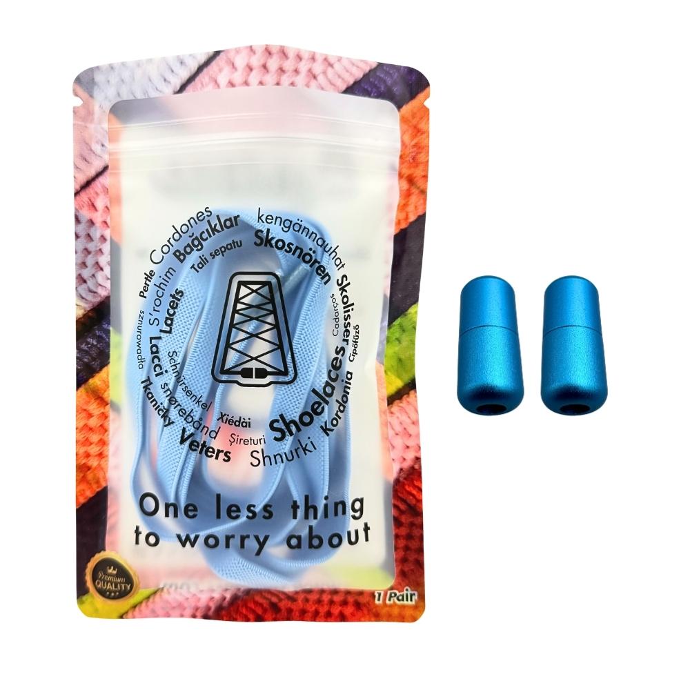 Elastische veters zonder strikken plat 9mm metalen draai capsule hemelsblauw in luxe verpakking