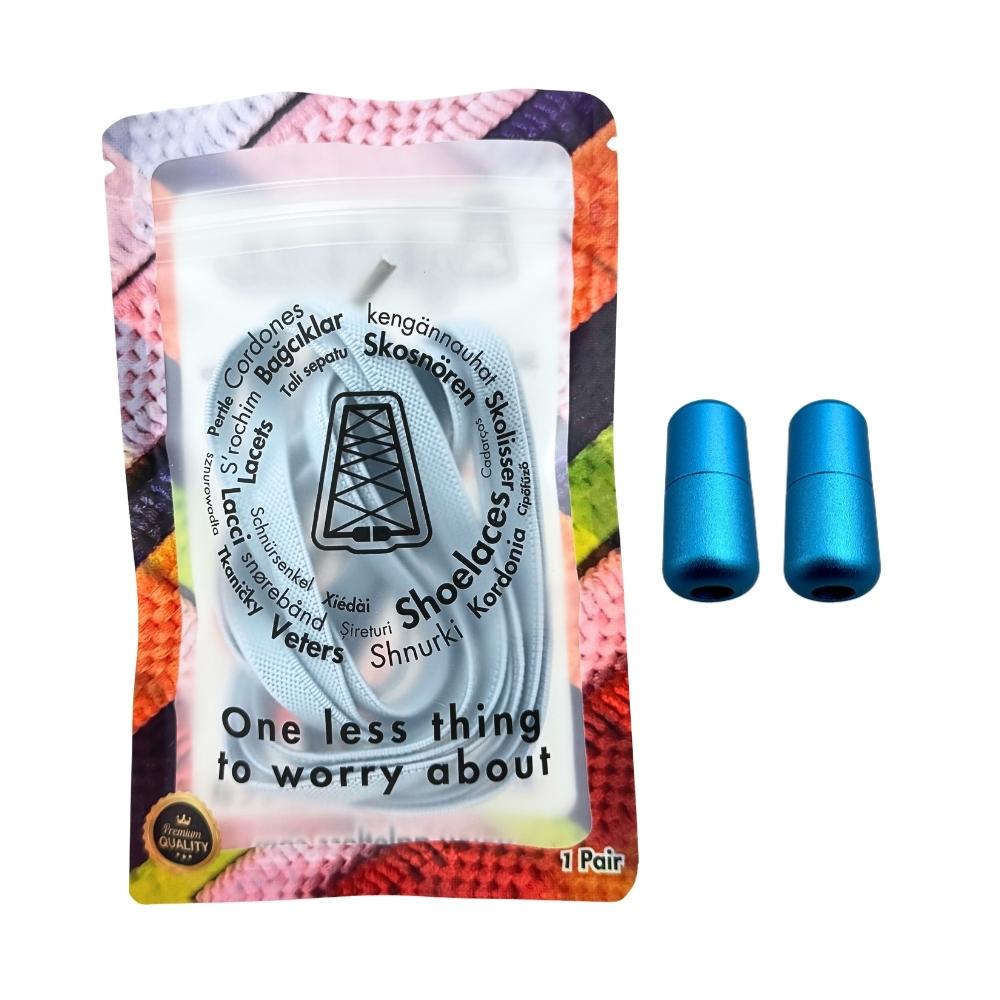 Elastische veters zonder strikken plat 9mm metalen draai capsule lichtblauw in luxe verpakking