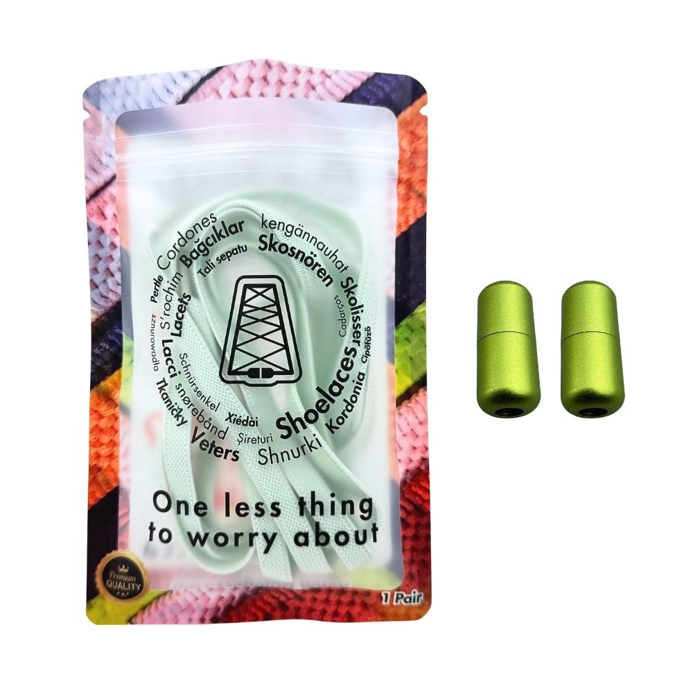 Elastische veters zonder strikken plat 9mm metalen draai capsule lichtgroen in luxe verpakking