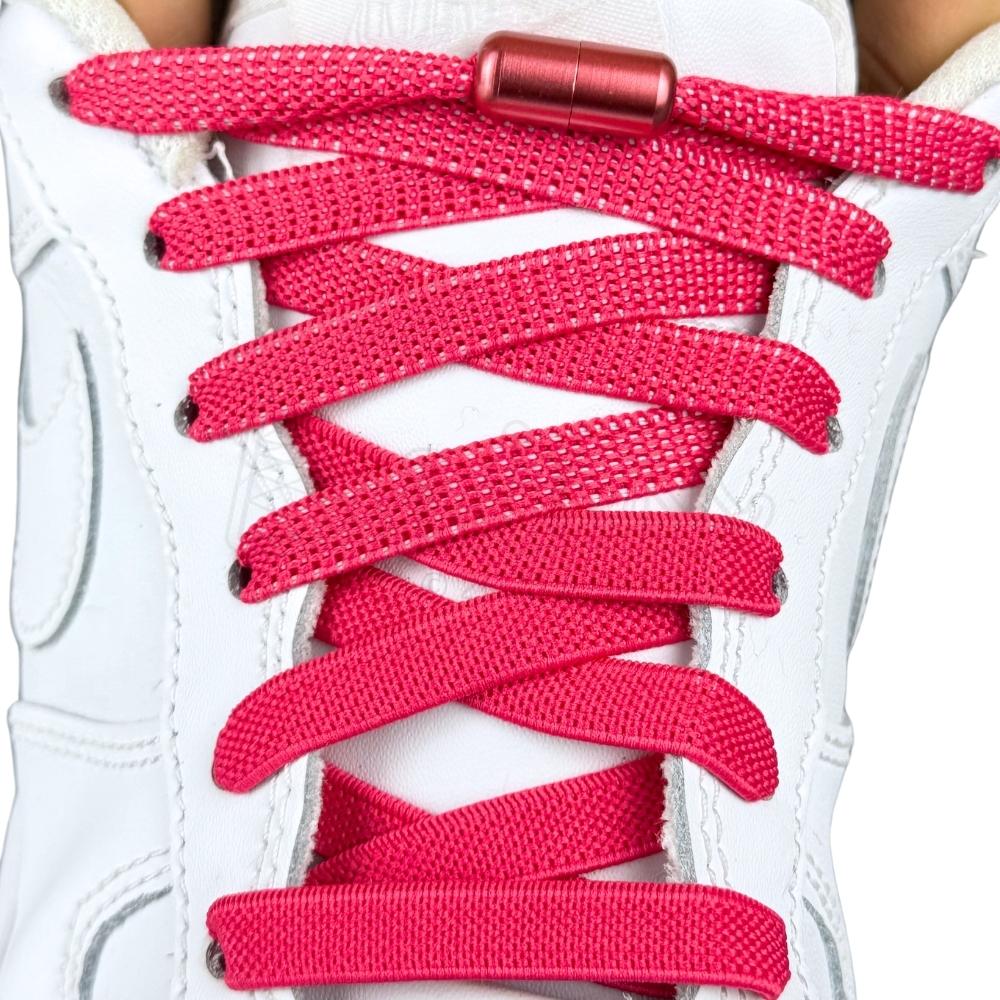 Elastische veters zonder strikken plat 9mm metalen draai capsule rozenrood met stretch uitgerekt