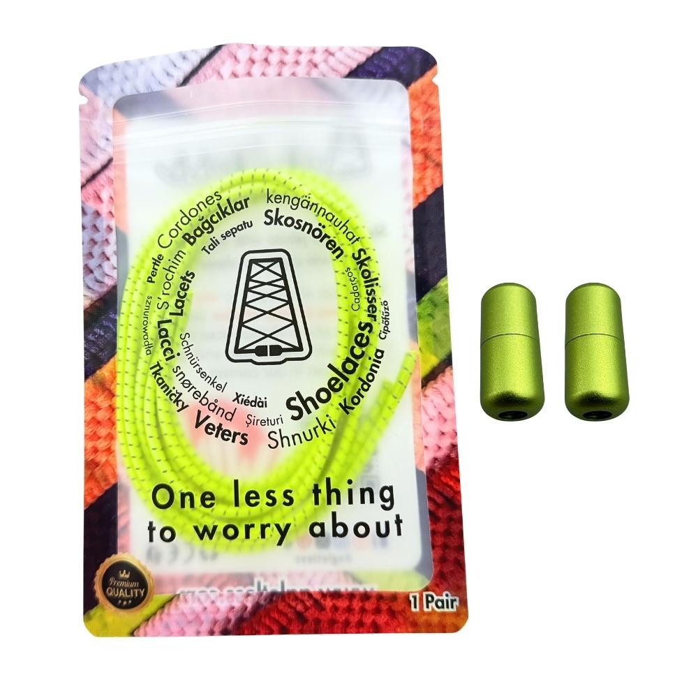 Elastische veters zonder strikken reflecterend 3mm capsule sluiting fluorescerend groen in luxe verpakking