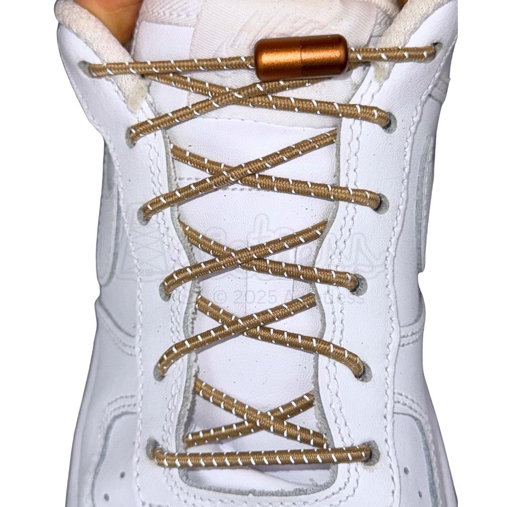 Elastische veters zonder strikken reflecterend 3mm capsule sluiting khaki met stretch uitgerekt