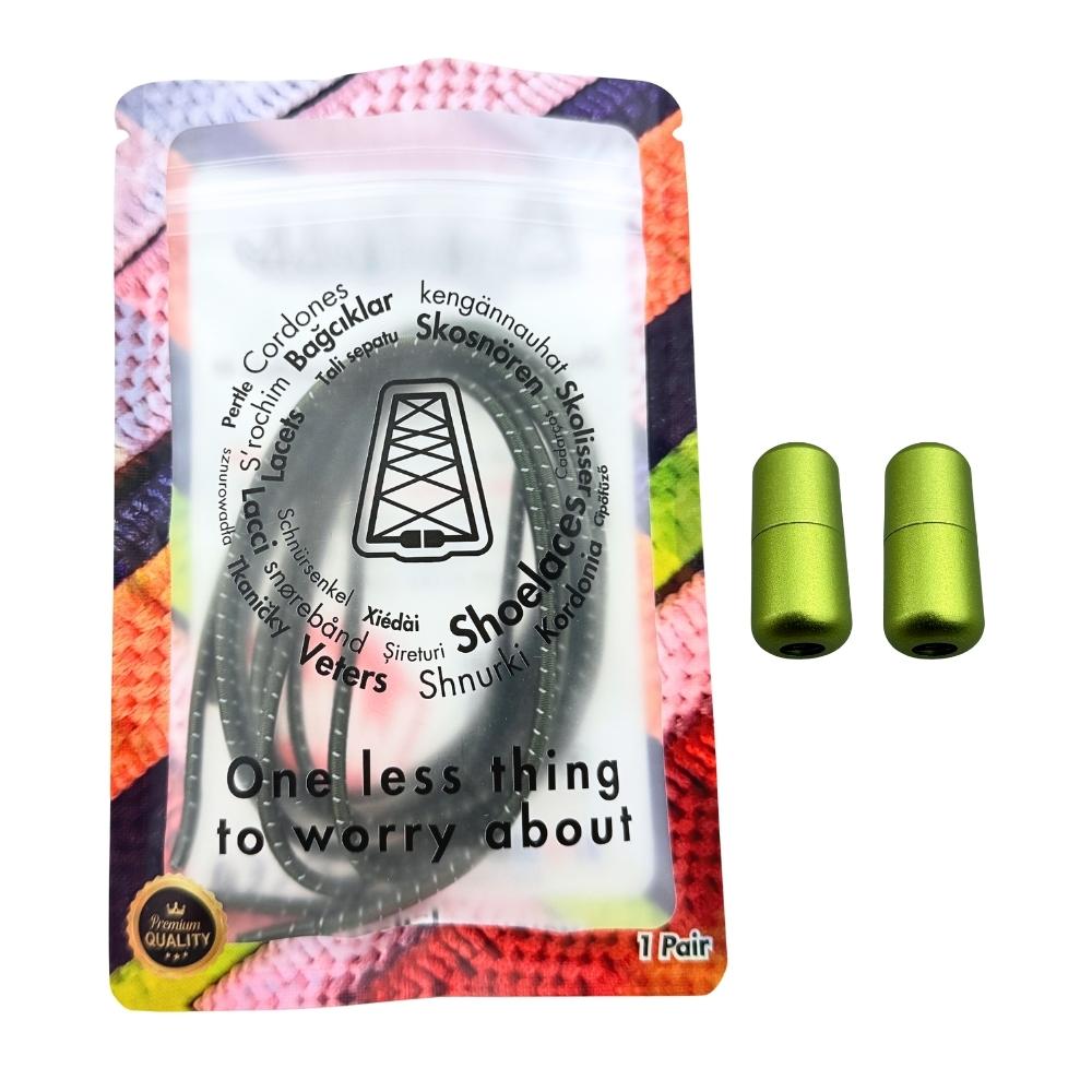 Elastische veters zonder strikken reflecterend 3mm capsule sluiting mosgroen in luxe verpakking