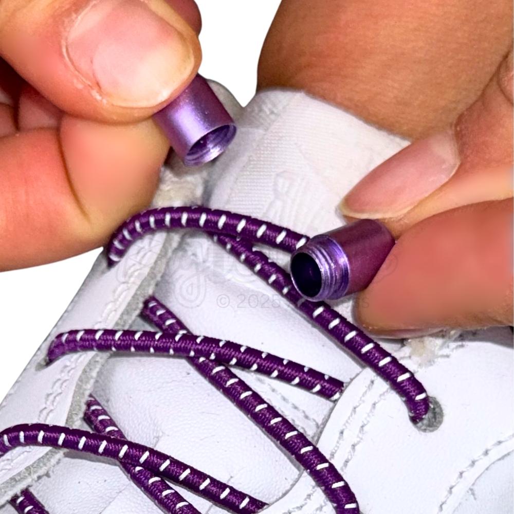 Elastische veters zonder strikken reflecterend 3mm capsule sluiting paars detailfoto van hoe de sluiting werkt