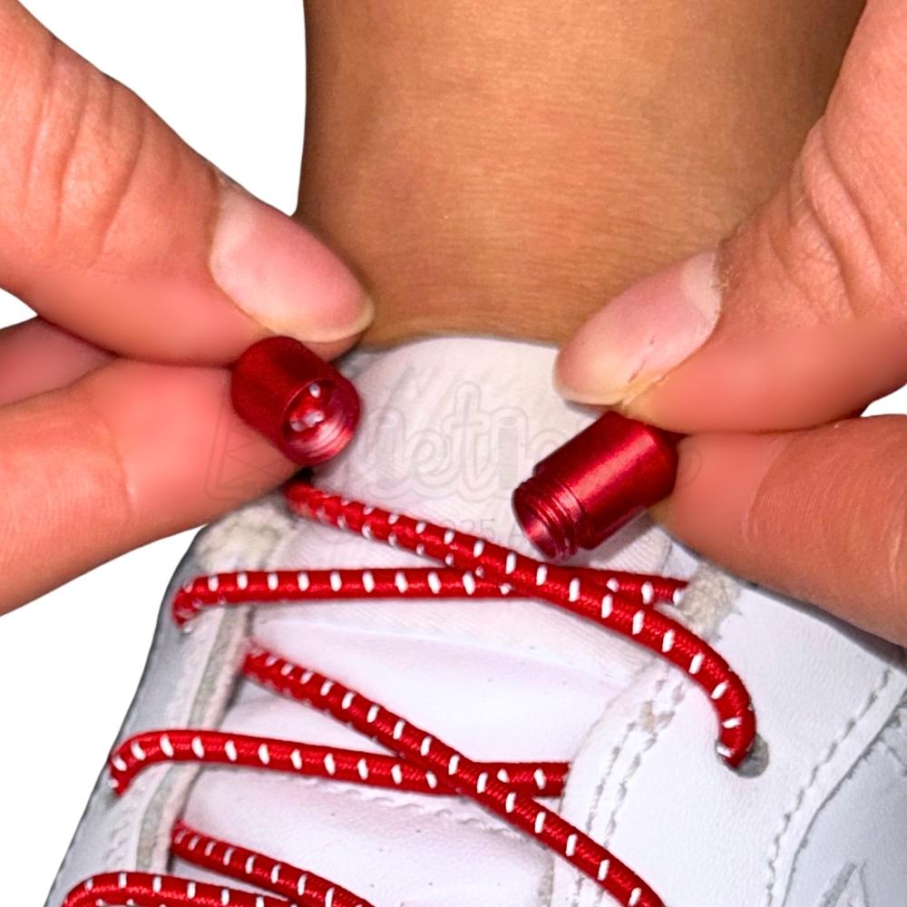 Elastische veters zonder strikken reflecterend 3mm capsule sluiting rood detailfoto van hoe de sluiting werkt