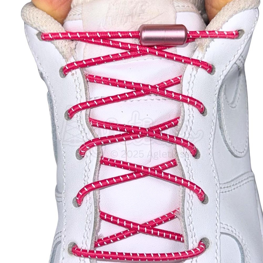 Elastische veters zonder strikken reflecterend 3mm capsule sluiting rozenrood met stretch uitgerekt