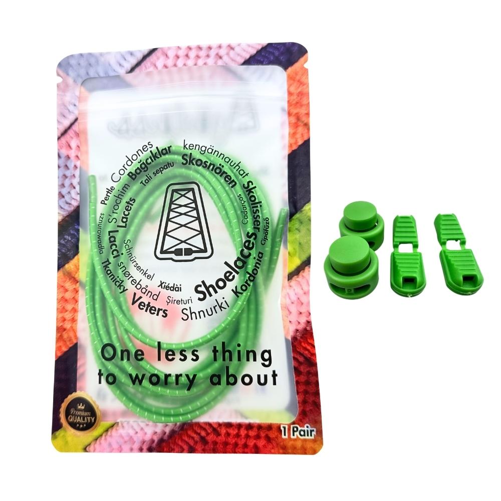 Elastische veters zonder strikken reflecterend 3mm lock sluiting appelgroen in luxe verpakking
