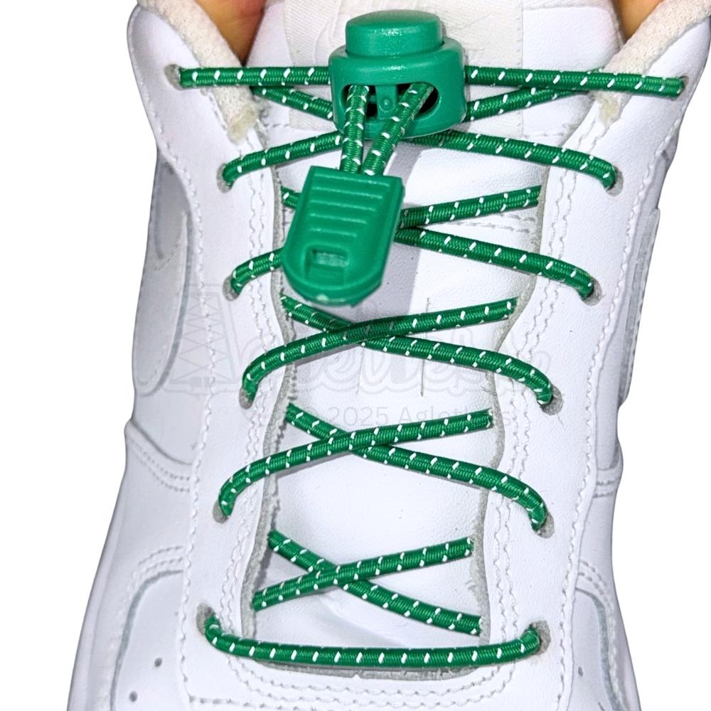 Elastische veters zonder strikken reflecterend 3mm lock sluiting groen met stretch uitgerekt